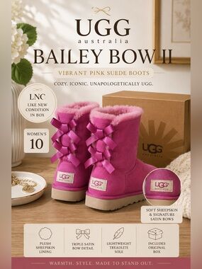 UGG Australia Bailey Bow II Boot Vibrant Pink Suede Sheepskin Boots Women’s 10